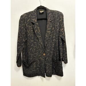 Vintage TRIMMINGS Women’s Size XL 80s Black & Gold Print Oversized Blazer Jacket